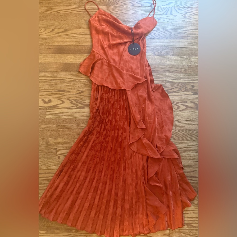 NWT Storia Asymmetrical Orange Pleated Dress